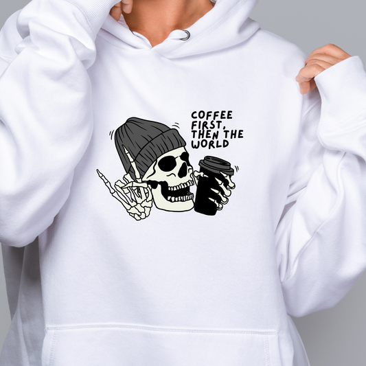 Coffee First Hoodie: Skeleton Design