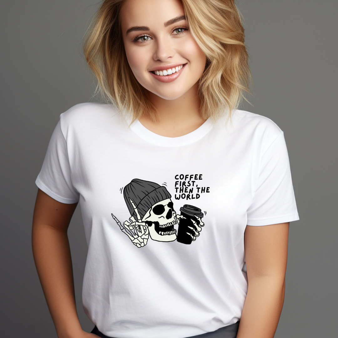 Coffee First Tee: Skeleton Vibes Design